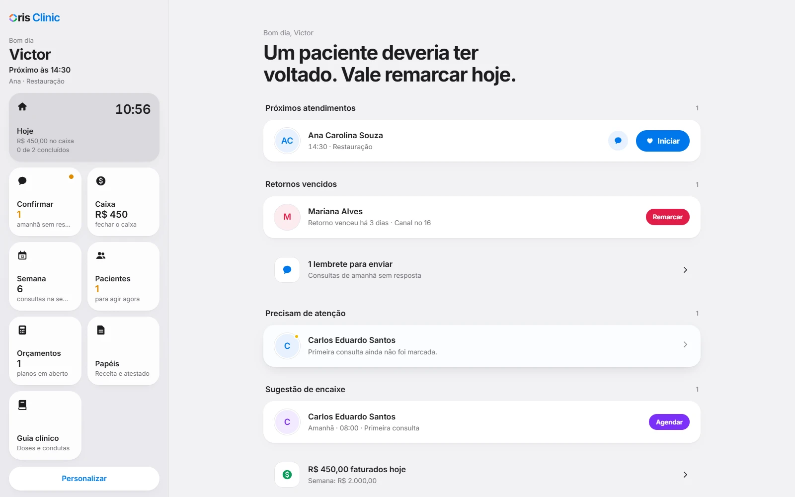 Tela Hoje do Oris no computador: a frase 'Um paciente deveria ter voltado. Vale remarcar hoje.', os próximos atendimentos com botão Iniciar e os retornos vencidos com botão Remarcar.
